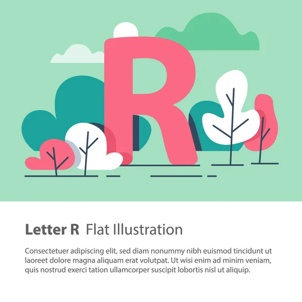 Dekorativt alfabet, bokstaven R i blommig bakgrund, parkträd, enkla teckensnitt, utbildning koncept — Stock vektor
