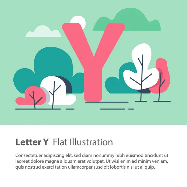 Dekoratif alfabesi, çiçek arka plan, park ağaçlar, basit bir yazı, eğitim kavramı Y harfi — Stok Vektör