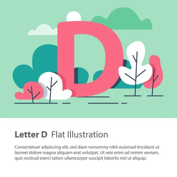 Διακοσμητικά αλφάβητο, γράμμα D στο πάρκο δέντρα, απλή γραμματοσειρά, floral φόντο, ιδέα εκπαίδευσης — Διανυσματικό Αρχείο