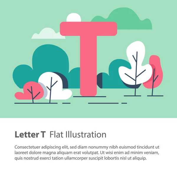 Dekoratif alfabesi, çiçek arka plan, park ağaçlar, basit bir yazı, eğitim kavramı T harfi — Stok Vektör