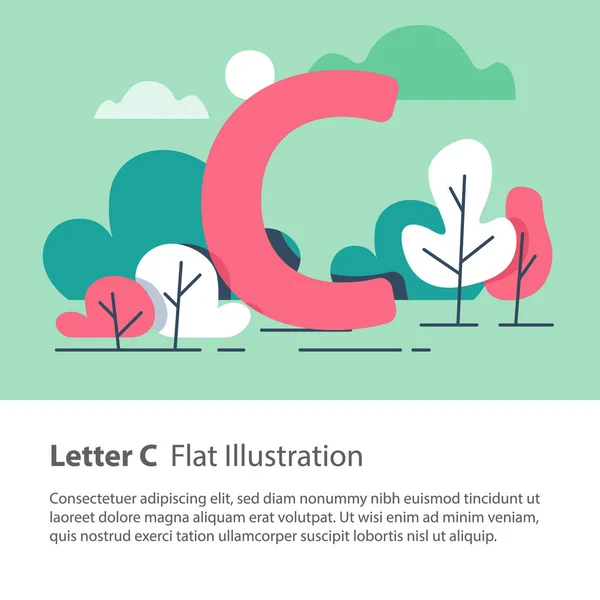 Dekoratif alfabesi, C harfine çiçek arka plan, park ağaçlar, basit bir yazı, eğitim kavramı — Stok Vektör
