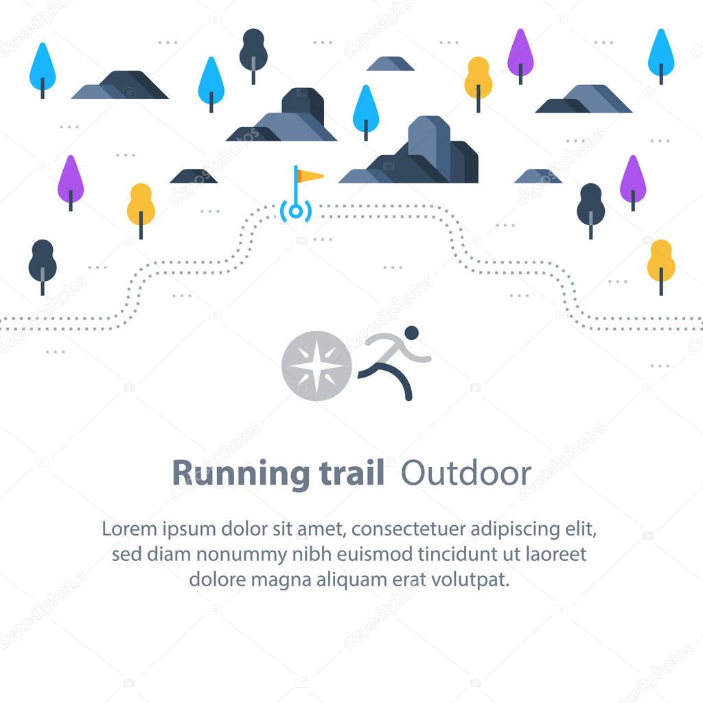 Outdoor running, trail map with flags, marathon path, countryside landscape, sport activity, vector icons, flat illustration
