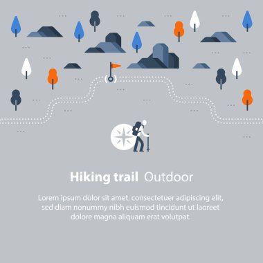 Hiking harita, kırsal manzara, Nordic walking, orienteering kavramı, iz yolu açık iz