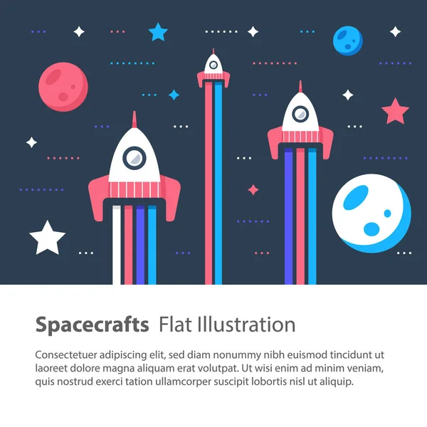 Naves espaciais voando no espaço entre estrelas e planetas, crianças ilustração plana — Vetor de Stock