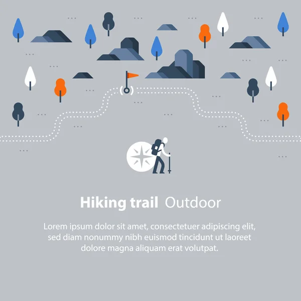 Hiking harita, kırsal manzara, Nordic walking, orienteering kavramı, iz yolu açık iz — Stok Vektör