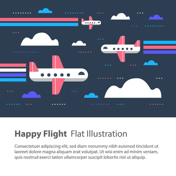 空、ハッピー フライト、フラット イラスト、虹との航空機の飛行の飛行機 — ストックベクタ
