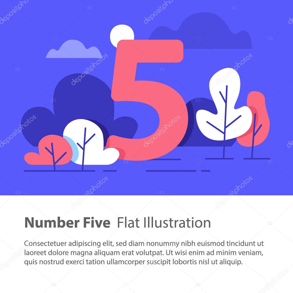 Sequential number, number five, top chart concept, night sky, flat illustration