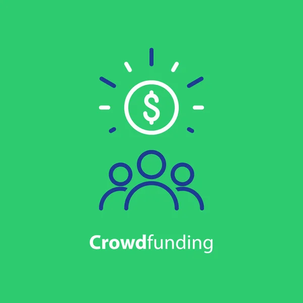 Doe dinheiro, ícone da linha de crowdfunding, investimento e conceito de consolidação — Vetor de Stock