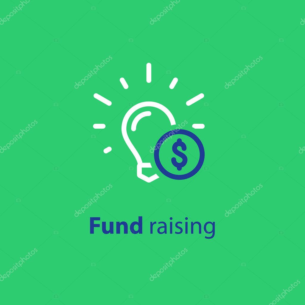 Donation and crowdfunding concept, fund raising, sponsor, idea light bulb, start up business, vector line icon