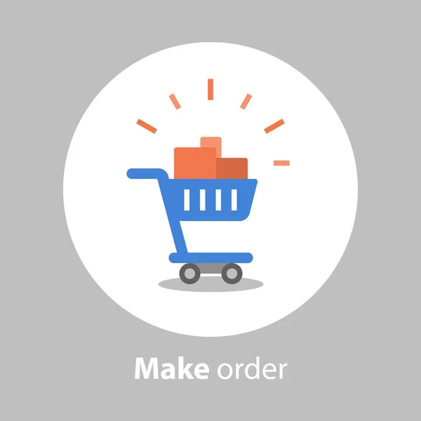 Göra beställning, full shopping vagn, lojalitetsprogram, flat ikonen — Stock vektor