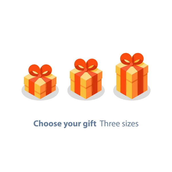 Tres tamaños de regalo, caja amarilla, cinta roja, regalo regalo, premio especial, feliz cumpleaños — Archivo Imágenes Vectoriales