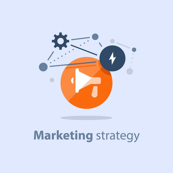 Icono de megáfono, plan de estrategia de marketing, anuncio de atención, concepto de relaciones públicas, campaña publicitaria — Vector de stock