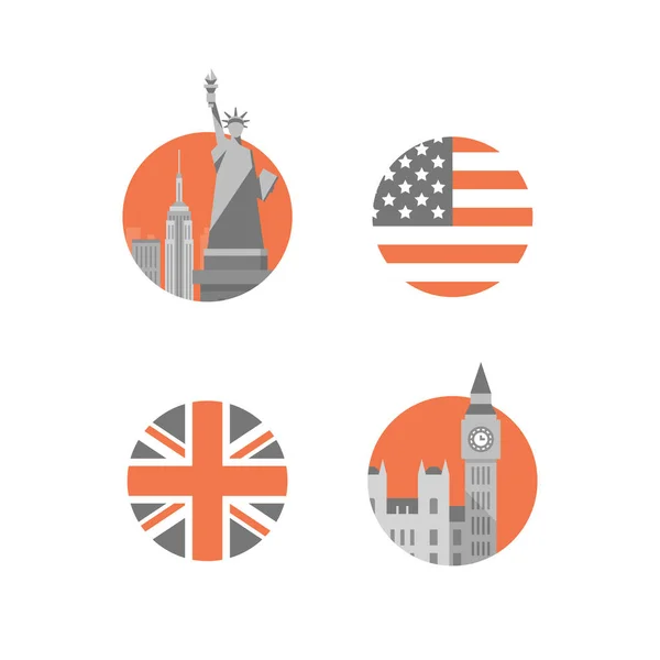 New York, Özgürlük Anıtı, Londra, Big Ben kule, uluslararası eğitim, İngiliz ve Amerikan İngilizce dil — Stok Vektör