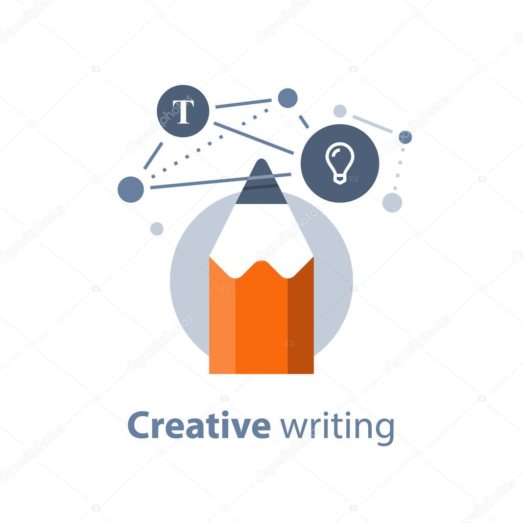 Creative writing, concept with pencil, storytellyng and copywriting, subject learning, design solution, vector icon, flat illustration