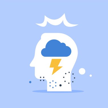 Bulutlu ve şimşekli kafa, psikoloji konsepti, duyguların kontrolü, eleştirel düşünce