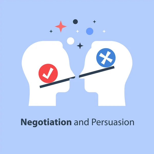 Prise de décision, supérieure à l'échelle, positive ou négative, entre les deux parties, négociation et persuasion — Image vectorielle