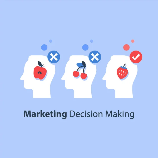 Toma de decisiones, psicología de elección, grupo focal, concepto de marketing, trampa mental, ilusión cognitiva — Vector de stock