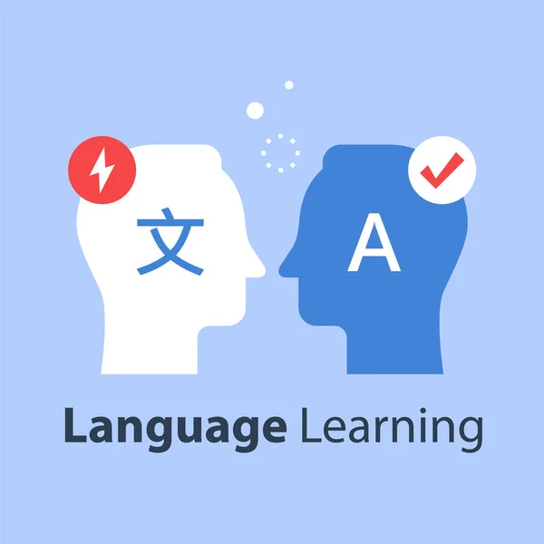 Aprendizaje de idiomas, traducir conceptos, comunicación internacional, lingüística gruesa — Vector de stock