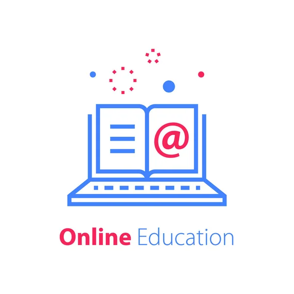 Educación en línea, libro abierto y portátil, recursos de Internet, biblioteca web, aprendizaje a distancia — Archivo Imágenes Vectoriales