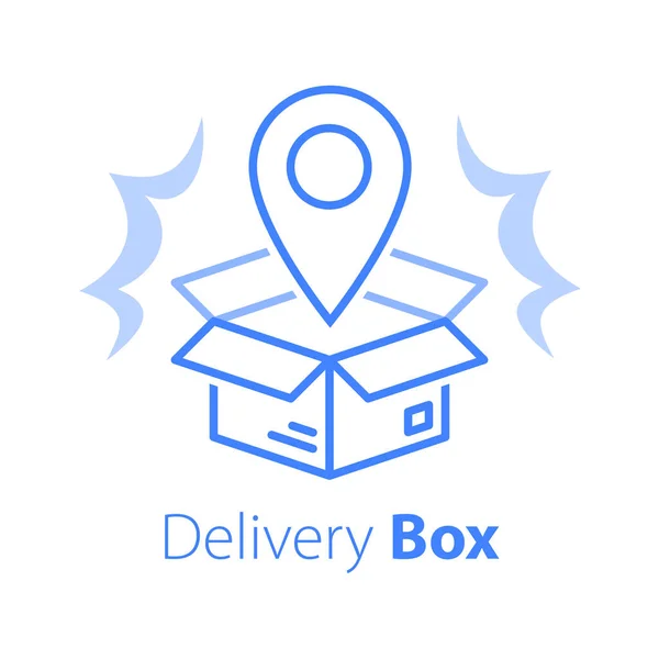 Pengiriman pesanan toko, kotak terbuka dan pin lokasi, menerima paket pos, mengambil titik - Stok Vektor