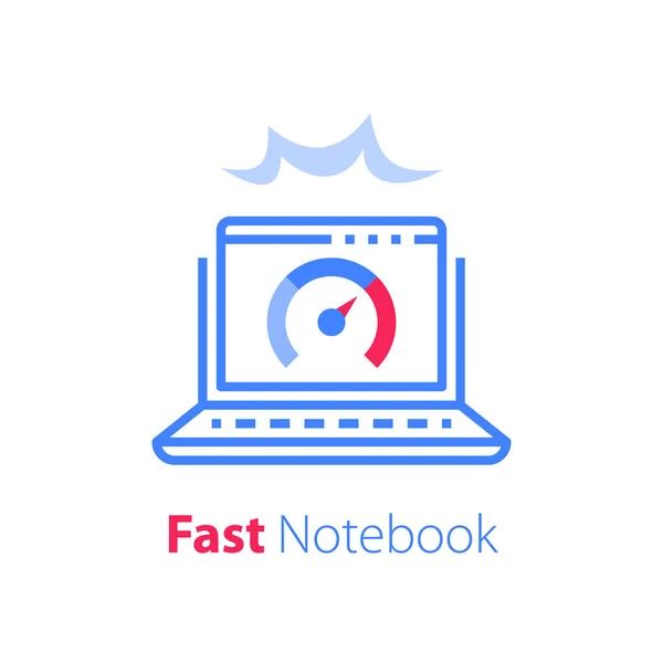 Быстрый ноутбук, доступ в Интернет, программное обеспечение, антивирусная концепция — стоковый вектор