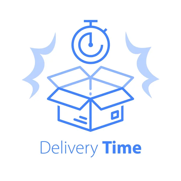 Waktu pengiriman, pengiriman cepat, stopwatch dan kotak, waktu tunggu, distribusi tepat waktu - Stok Vektor