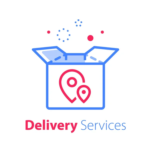 Bolti rendelés szállítás, csomag és hely pin, nyomkövető doboz, kap postai küldeményt — Stock Vector