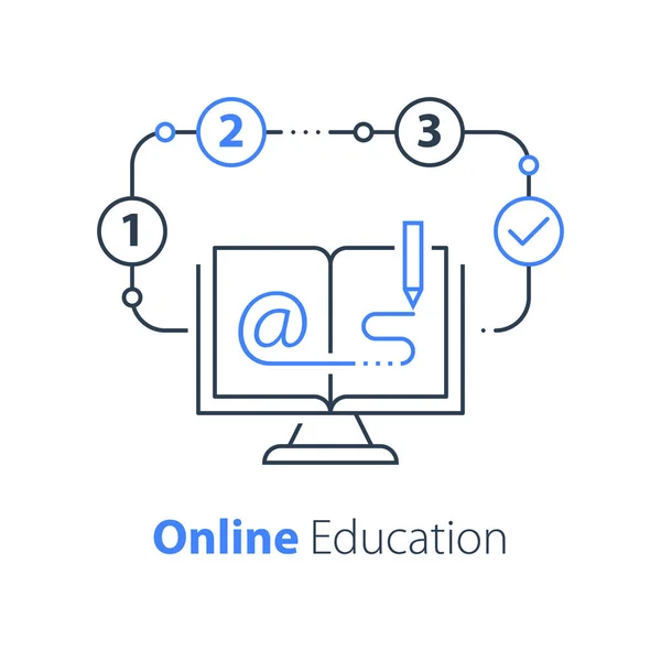 Educación en línea, libro abierto y monitor de computadora, recursos de Internet, aprendizaje a distancia — Archivo Imágenes Vectoriales