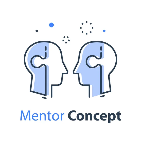 Concepto de mentor, dos cabezas y rompecabezas, trabajo en equipo, terreno común, recursos humanos — Vector de stock