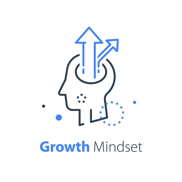 Emberi fej és nyíl, következő szintű javulás, növekedési gondolkodásmód, vezetői képzés — Stock Vector