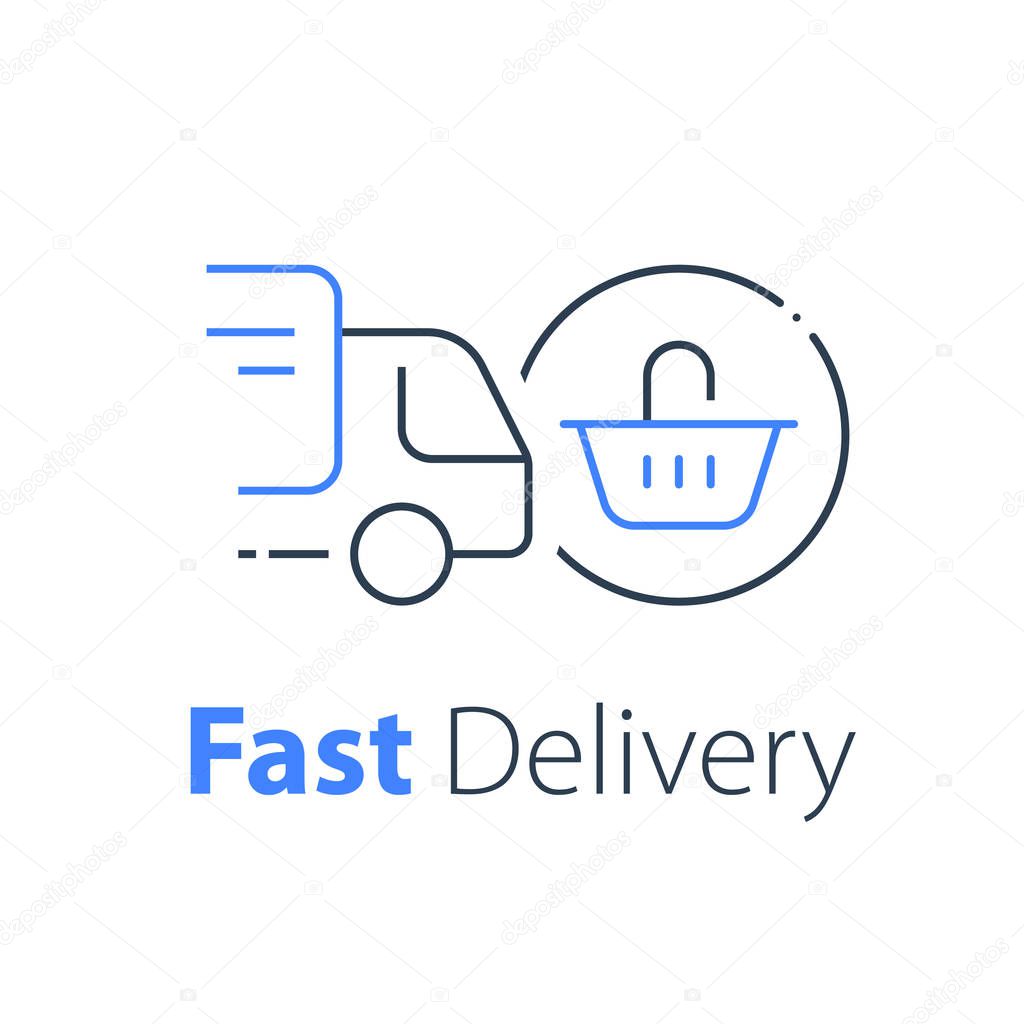 Shopping order delivery, truck distribution, purchase shipping, basket line icon, convenient service, vector linear design