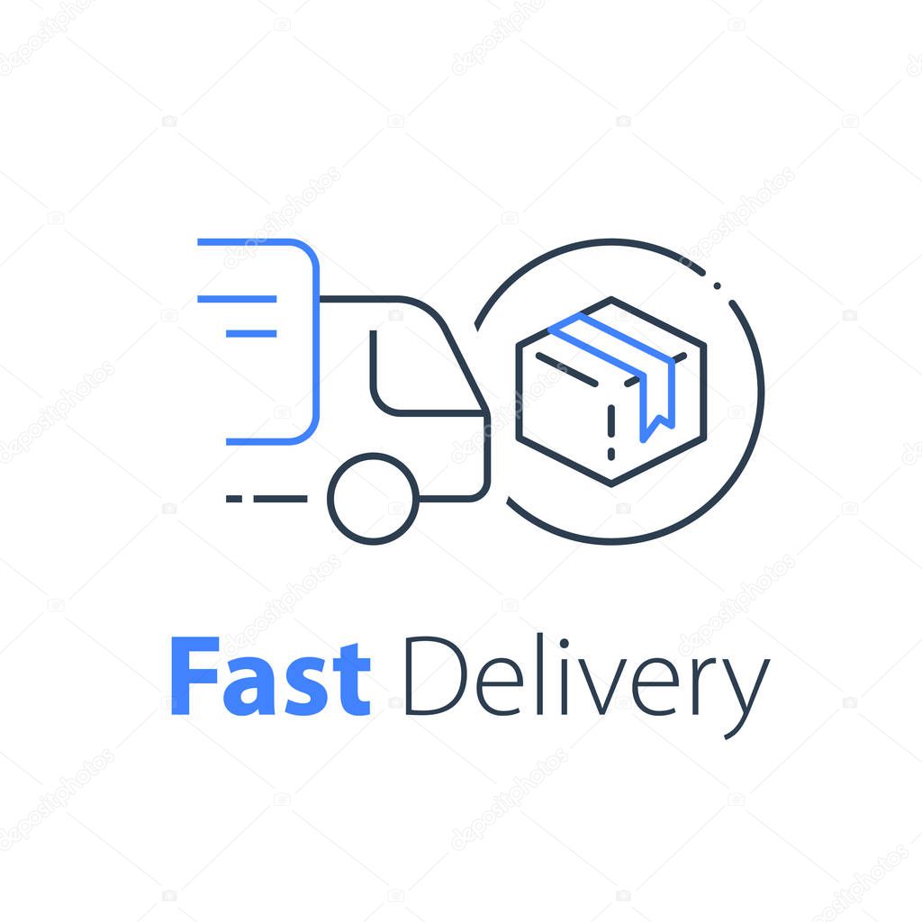 Truck delivery, transportation company, distribution service, logistics solution, load shipping, order shipment, send parcel, express relocation, vector line icon