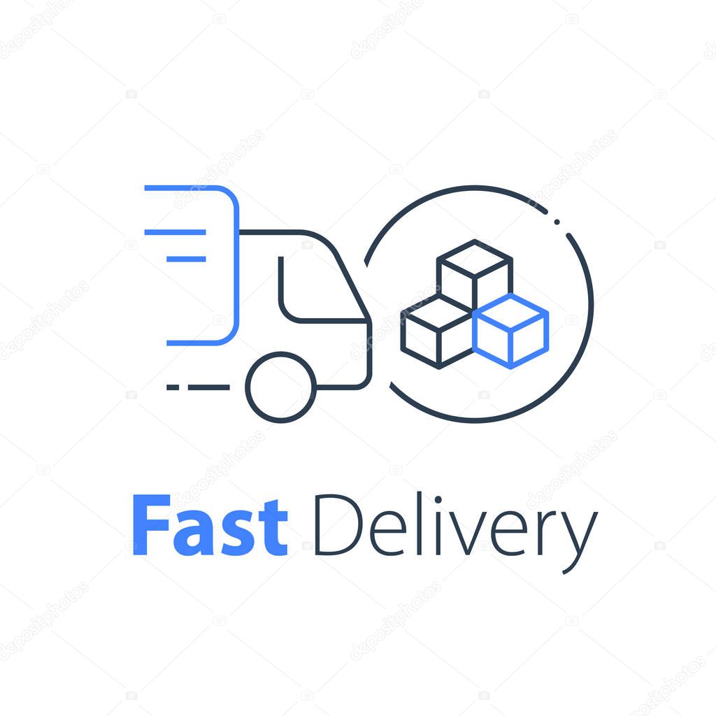 Truck delivery, transportation company, distribution service, logistics solution, load shipping, order shipment, send parcel, express relocation, vector line icon