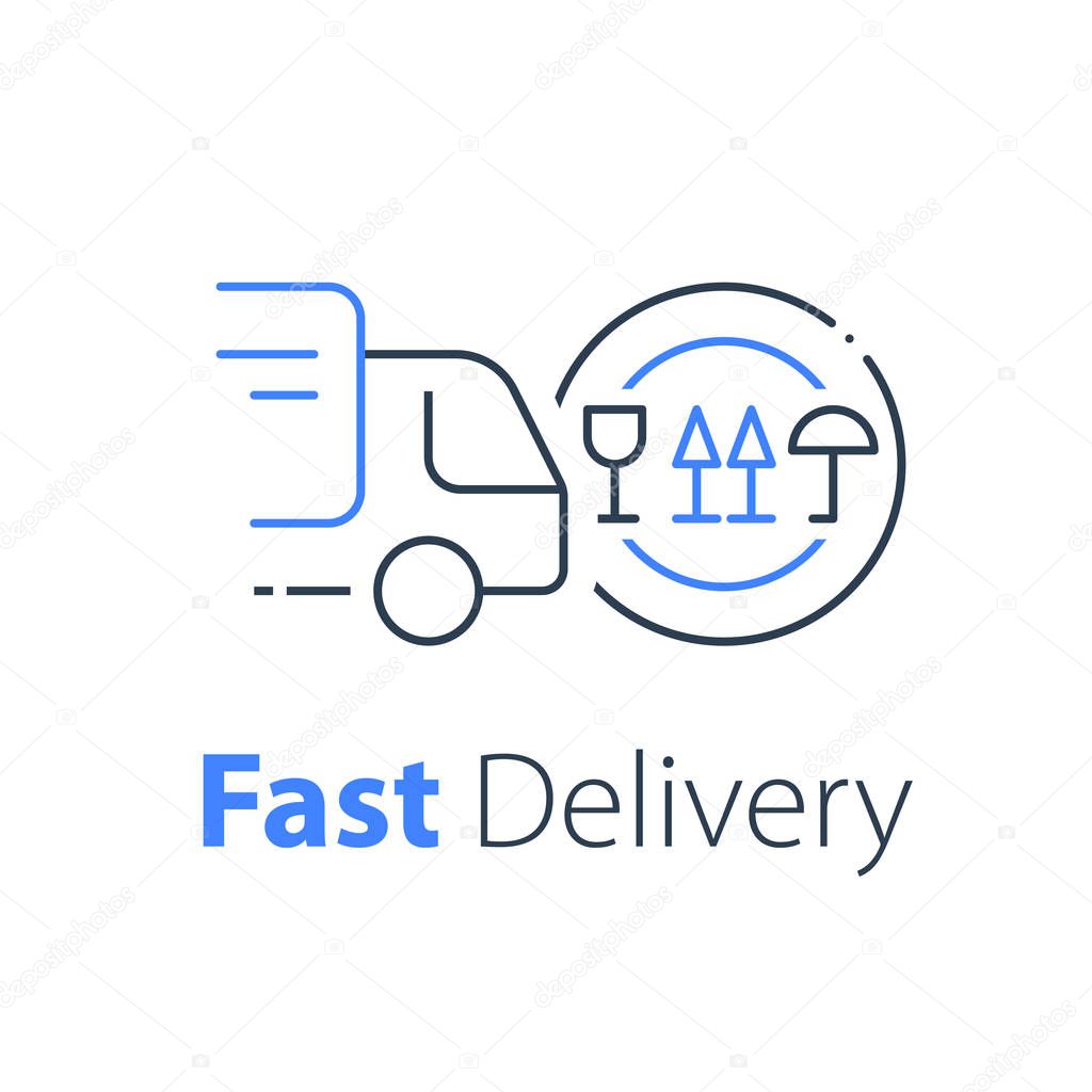 Truck delivery, transportation company, distribution service, logistics solution, load shipping, order shipment, send parcel, express relocation, vector line icon