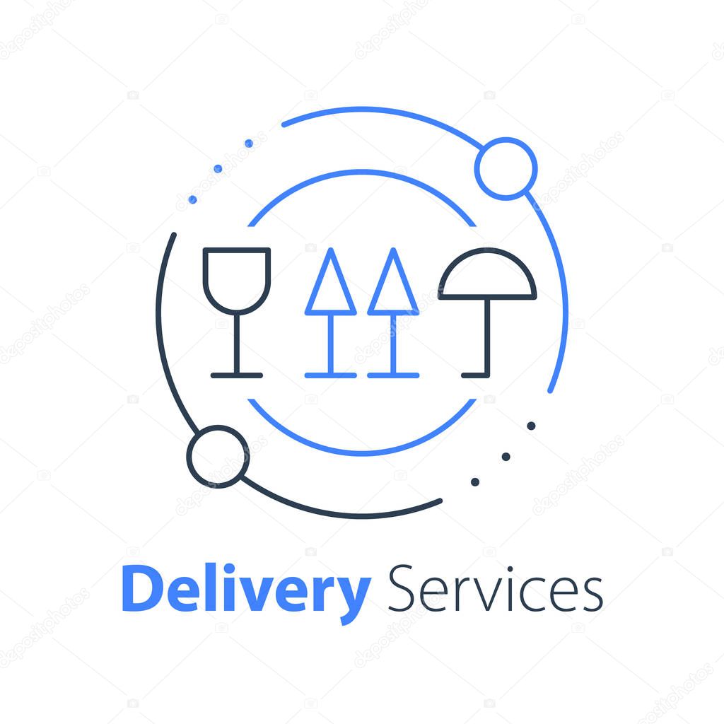 Delivery concept, transportation company, distribution service, logistics solution, load shipping, order shipment, send parcel, express relocation, vector line icon