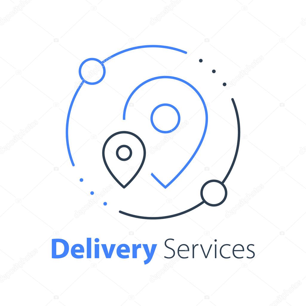Delivery concept, transportation company, distribution service, logistics solution, order shipment, express relocation, vector thin line icon