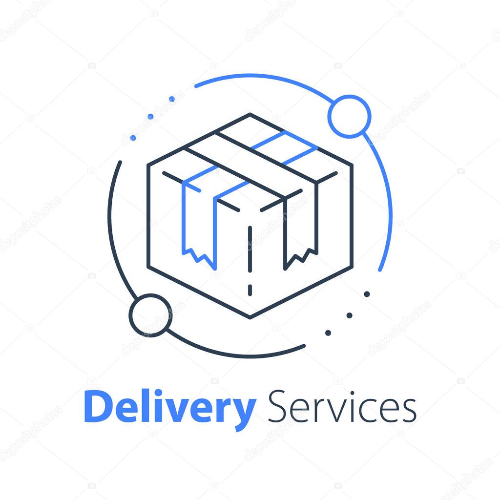 Order delivery, linear design, fast shipment, express shipping, postal parcel, distribution concept, courier service, transportation company, logistics solution, vector thin line icon