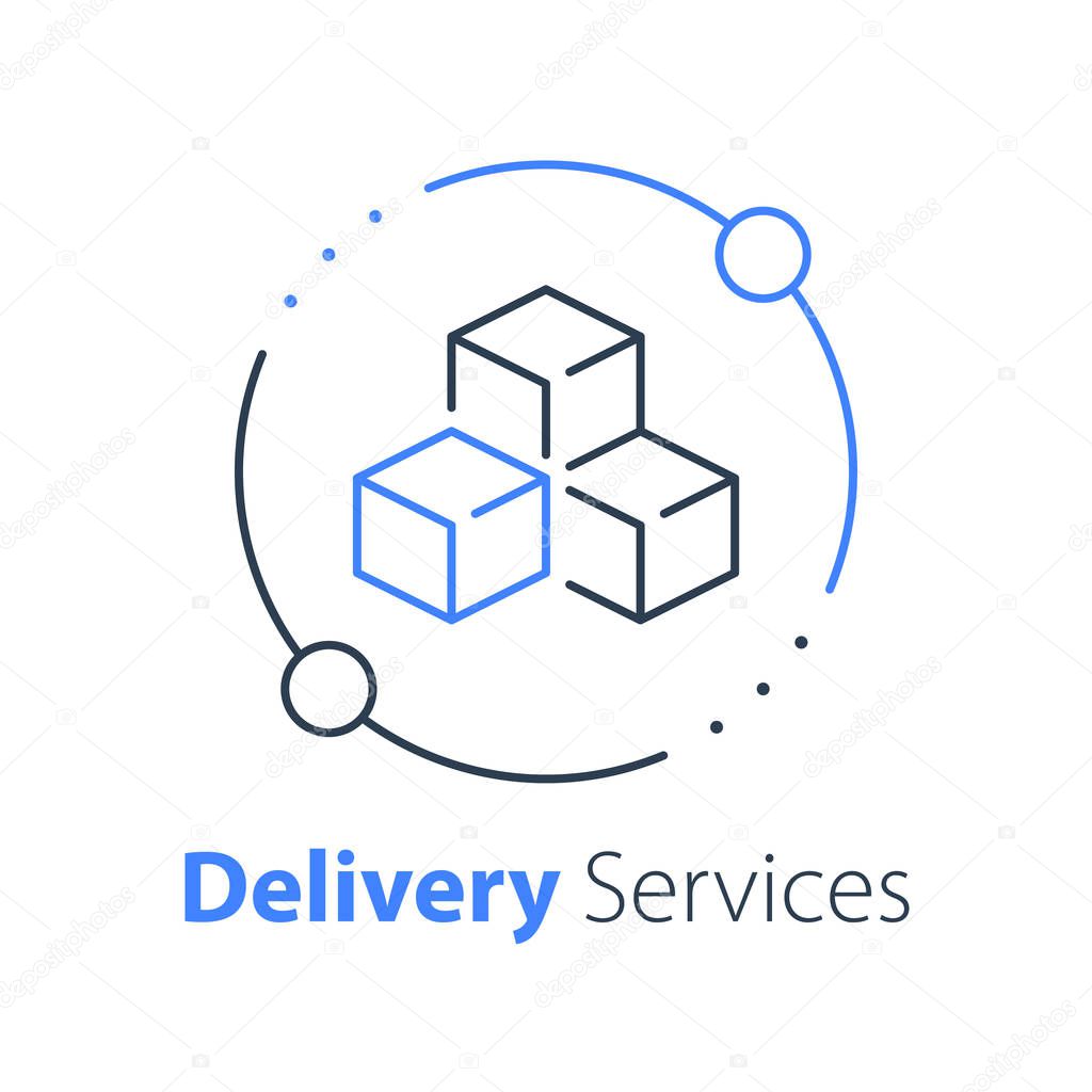 Order delivery, cargo shipment, wholesale service, bulk transportation or logistics, move and relocate, vector thin line icon