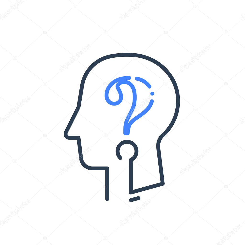 Human head profile and question mark line icon, cognitive psychology or psychiatry, self questioning, education concept, vector linear design