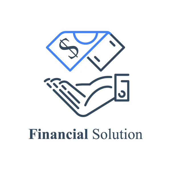 Mão segurando conta de moeda, conceito de ajuda financeira, dinheiro instantâneo, empréstimo rápido, aprovação de crédito — Vetor de Stock