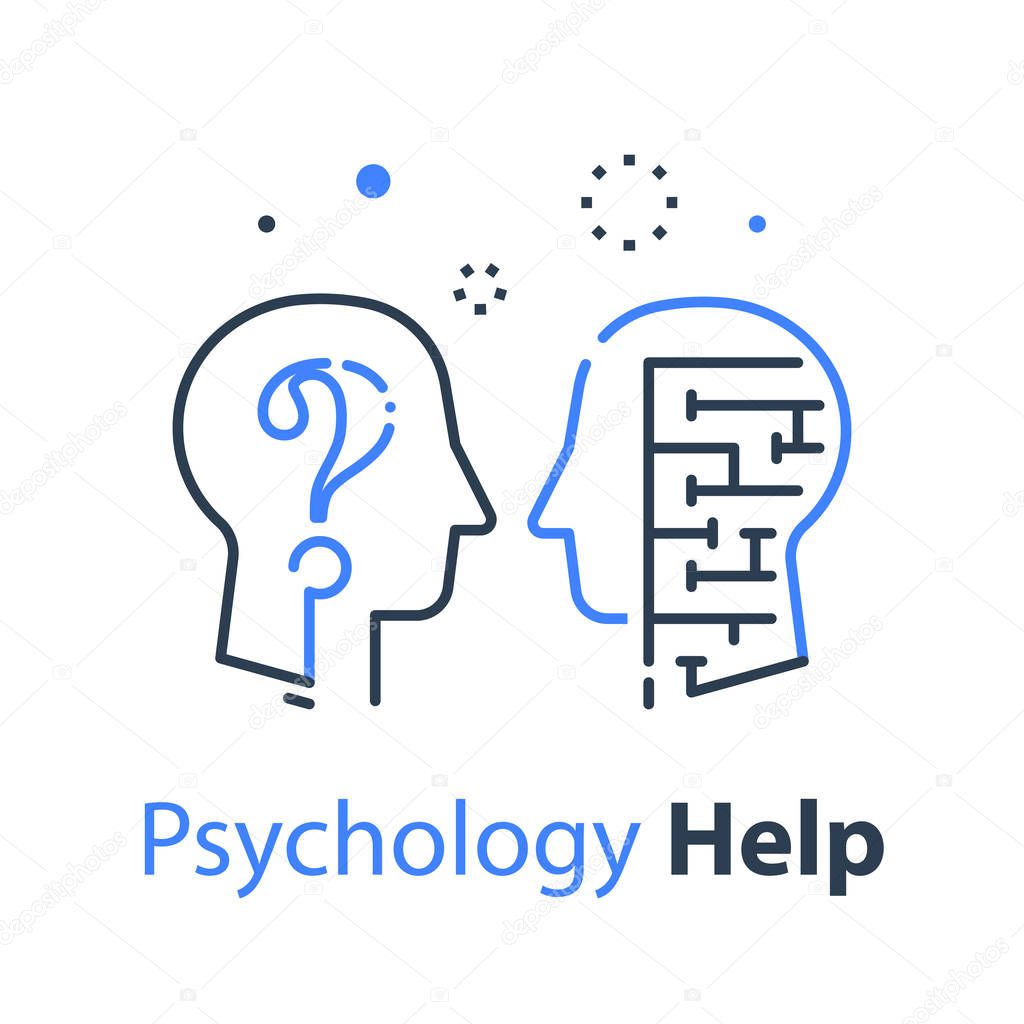 Human head profile and labyrinth, mental game, intellect development, vector line design