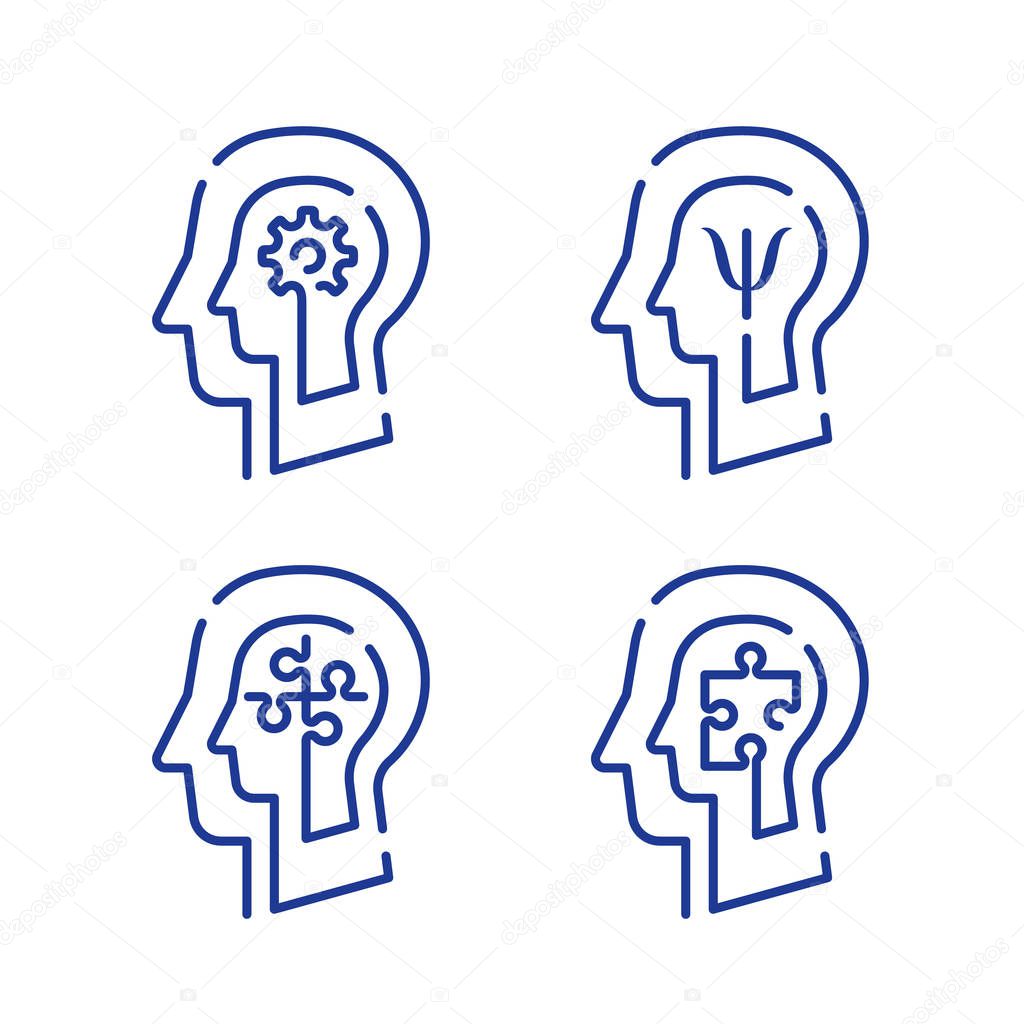 Human head profile and jigsaw puzzle, cognitive psychology or psychotherapy concept, mental health, brain problem, personality disorder, vector line icon set