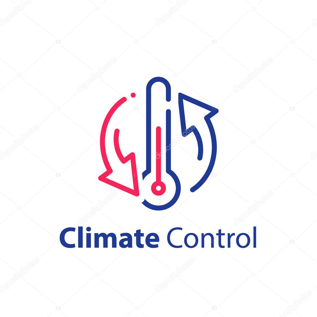 Climate control system, change temperature, air conditioning, cooling or heating, refrigerator storage, vector line icon