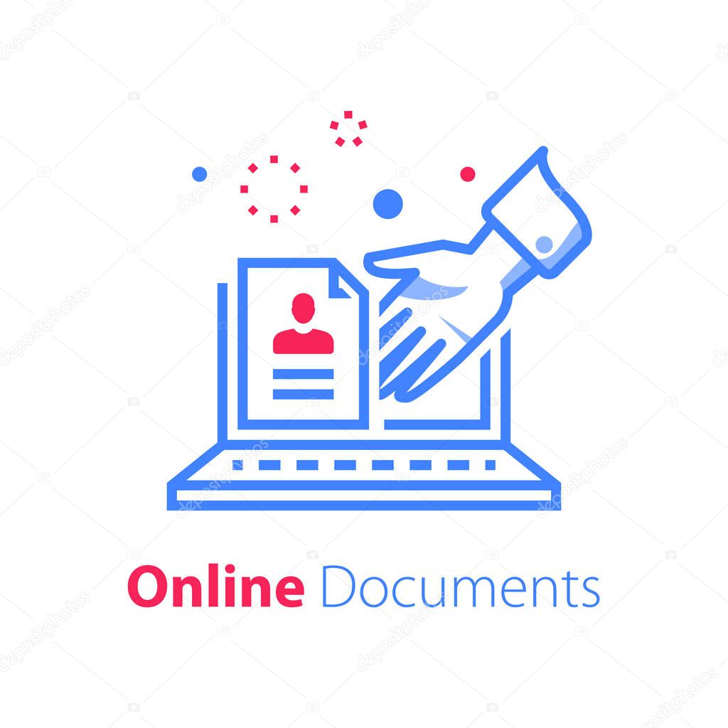 Online document on monitor, file exchange, hand taking contract, application form