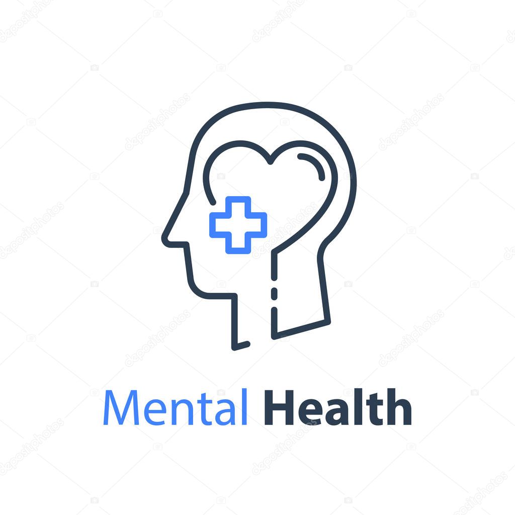 Mental health, human head, psychological help, psychiatry concept, therapy course, cognitive development, vector line icon
