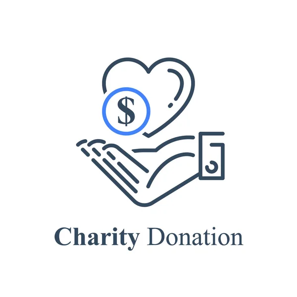 Hand and heart, charity fund concept, financial help — Stock Vector