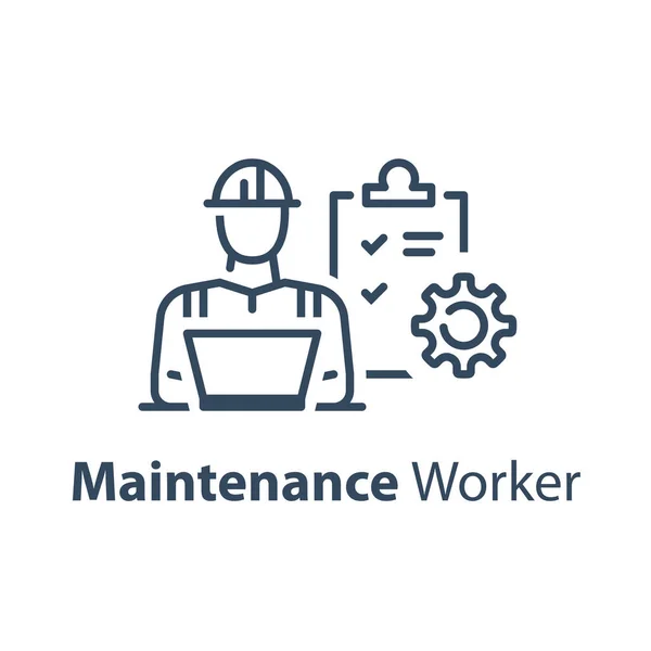 Engenheiro civil atrás do notebook, lista de verificação e cogwheel, serviço de manutenção — Vetor de Stock