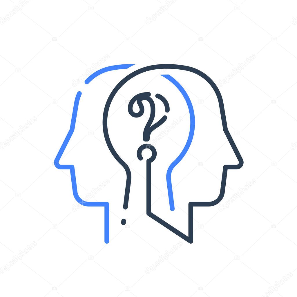 Human head profile and question mark line icon, cognitive psychology or psychiatry, self questioning, education concept, vector linear design