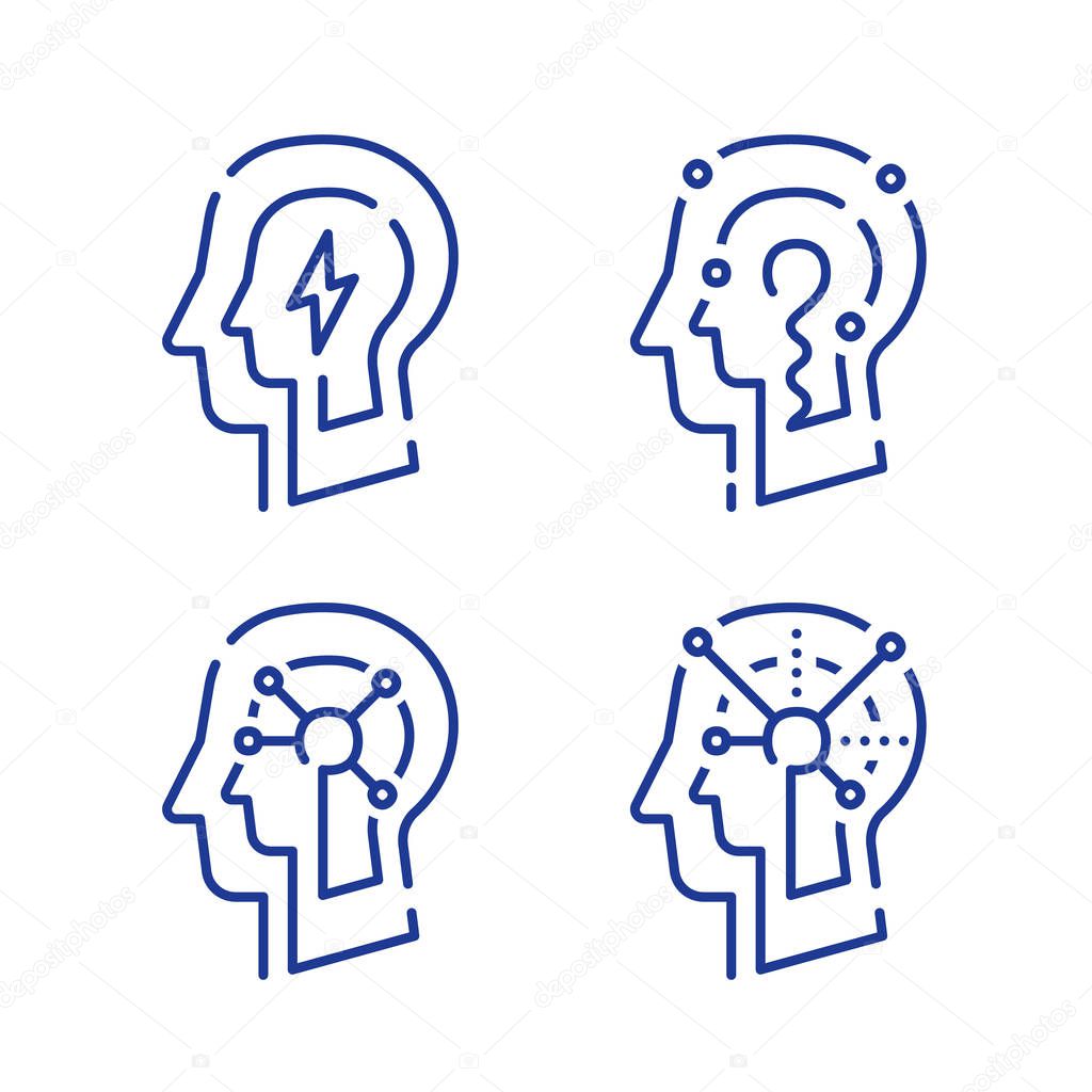 Human head profile and neurons connection net, cognitive psychology or psychotherapy, neurology concept, memory work, brain research, vector line icon set