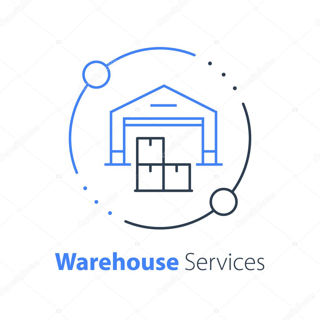 Warehouse services, distribution center, wholesale concept, supply chain, cargo transportation, vector thin line icon